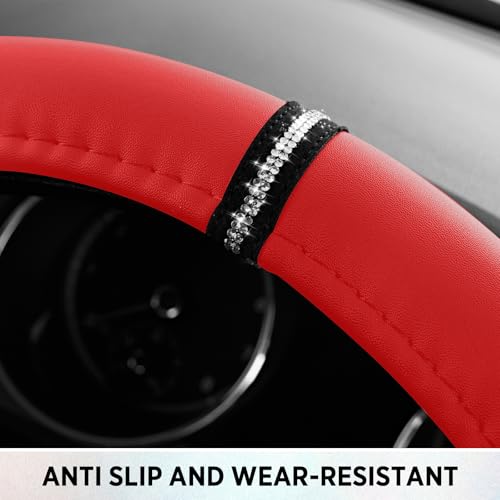 Road Comforts Leopard Steering Wheel Cover for Women, Cute Anti-Slip Microfiber Leather, Fits D Shape Flat Bottom Steering Wheel 14.5-15 Inch - Red - color: D Shape-Red