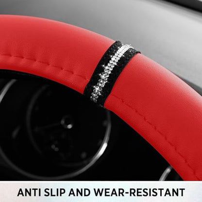 Road Comforts Leopard Steering Wheel Cover for Women, Cute Anti-Slip Microfiber Leather, Fits D Shape Flat Bottom Steering Wheel 14.5-15 Inch - Red - color: D Shape-Red