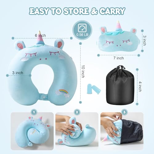 Cirorld Travel Pillow for Kids Adult Cute Neck Pillow for Traveling Memory Foam Airplane Pillow Sleep Mask Animal Flight Pillow Head Rest Neck Support for Cars Long Flights (Blue, 3-8 Y/O)
