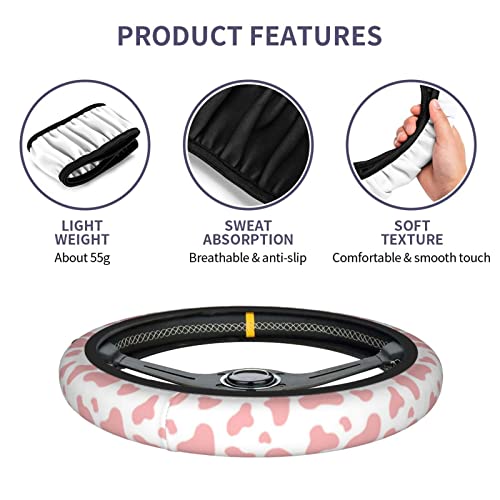 Pink Cow Print Steering Wheel Cover for Women Men with 2 Pcs Car Coasters, Universal 14.5-15 Inch Rainbow Steering Wheel Covers Non-Slip Car Accessories for Girls - color: pink cow print