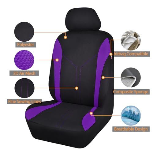 Flying Banner Car Seat Covers Full Set Front Seats and Rear Bench Mesh Fabric Splicing Polyester Cover Black with Purple Color