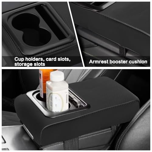 Car Center Console Armrest Pillow with Cup Holder (13.77"*8.26"*2.95") & Phone Holder Waterproof Leather Arm Rest Protector Cushion Car Accessories (Black Carbon Brazed Leather) - color: Black Carbon Brazed Leather