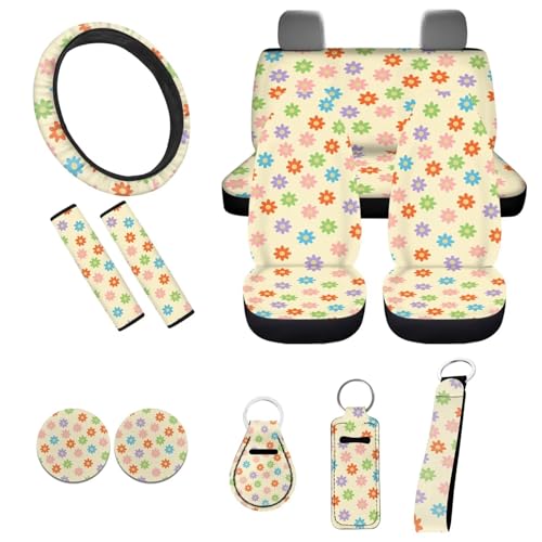 Aesthetic Car Accessories,Boho Flower Car Seat Covers Full Set for Women Lady Vehicle Interior Decor Set,Rainbow Groovy Flower Cute Steering Wheel Cover+Seatbelt+Hippie Vehicle Cup Mat+Keyring - color: Aesthetic Rainbow Flower