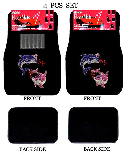 Universal Fit Car Truck Front/Rear 4-Piece Full Set Crystal Bling Rhinestone Design Studded Black Carpet Floor Mats (Dolphin-Black) - color: Dolphin-Black