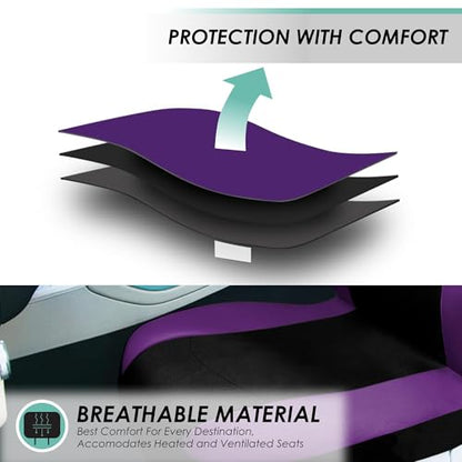 FH Group Light & Breezy Cloth Full Set Car Seat Covers (Purple/Black) Combo Set: Steering Wheel Cover, Seat Belt Pads and Black Vinyl Floor Mats – Universal Fit for Cars Trucks & SUVs