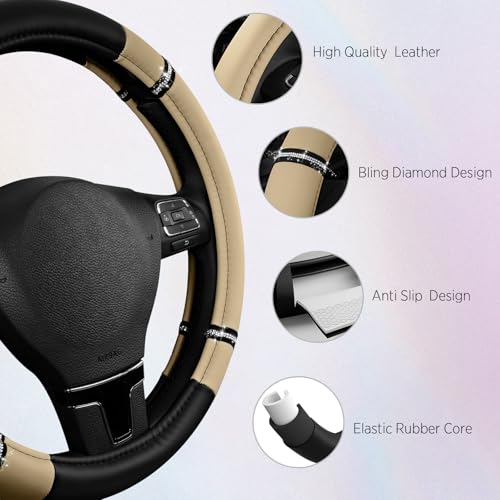 Road Comfort Leather Steering Wheel Cover – Premium Anti-Slip Car Steering Wheel Grip Cover – Universal Fit for 14.5”–15” Cars, Trucks & SUVs - Beige - color: Beige