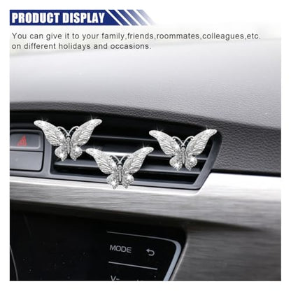 3PCS Bling Butterfly Car Air Vent Clips, Crystal Rhinestone Car Vent Clip, Cute Diffuser Car Vent Clip, Car Interior Decoration Charm Accessories for Girl Women (White)