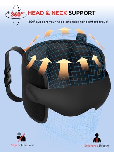 Travel Pillow for Airplane, Travel Pillow with Seat Strap and 3D Eye Mask to Firm Head, 360°Support Headrest No Bobblehead, Travel Essentials for Long Flight,Car Road Trip,Mottled Red