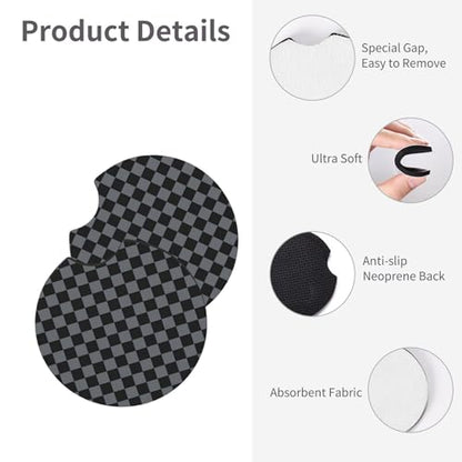 Checkered Gray Steering Wheel Cover 14.5-15.5 Inch - Elastic Anti-Slip Breathable Universal Fit for Car Truck SUV + 2 Car Coasters for Women Men - color: Checkered Gray