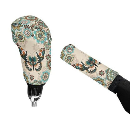 Bulopur Car Shifter Gear Hand Brake Trim Cover Set for Most Cars Van SUV Sedan Truck Auto Accessories - color: Boho Floral Butterfly