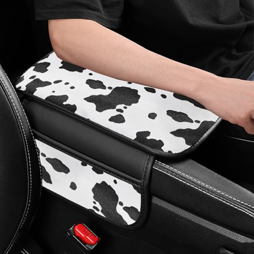 Cow Print Car Center Console Cover PVC Leather Armrest Cushion with 2 Storage Bags Universal Auto Armrest Seat Box Pad Car Interior Accessories Protector for Women Men (White Black)