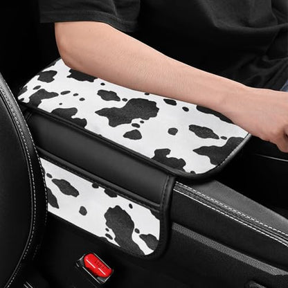 Cow Print Car Center Console Cover PVC Leather Armrest Cushion with 2 Storage Bags Universal Auto Armrest Seat Box Pad Car Interior Accessories Protector for Women Men (White Black)