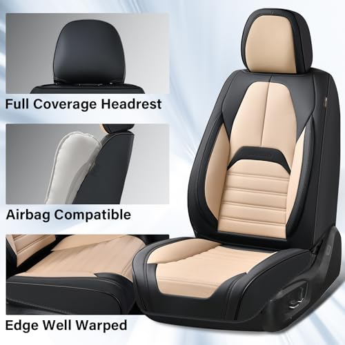 Coverado Car Seat Covers Full Set, Seat Covers for Cars, Automotive Seat Covers, Waterproof Nappa Leather Front Seats and Back Car Seat Protector, Universal Fit for Most Cars SUV Trucks,Black&Beige - color: BlackBeige-A, size: FullSet