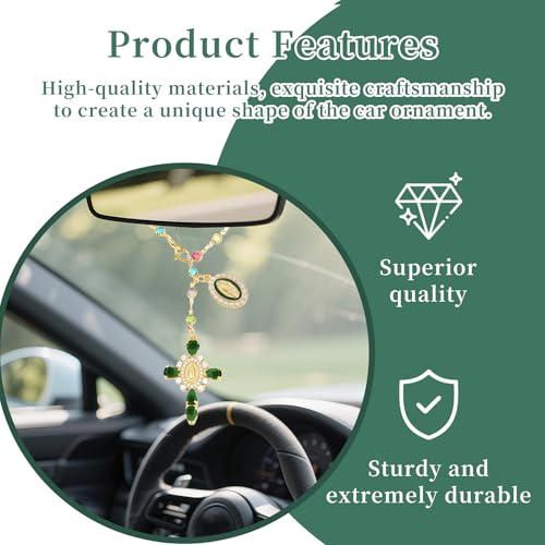 Virgen De Guadalupe Car Charm - Steering Wheel Accessory & Rearview Mirror Hanging, Cross Pendant Automotive Protection Decor - color: Gold-green