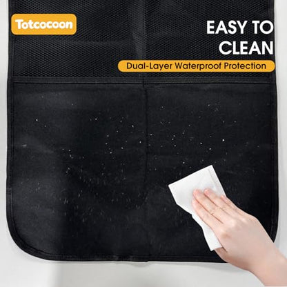 Car Back Seat Protector, 2-Pack Black Waterproof Kick Mats with Custom Storage Pockets, Universal Fit 600D Oxford Fabric Backseat Covers, X-Large Size with Zipper Storage Bag