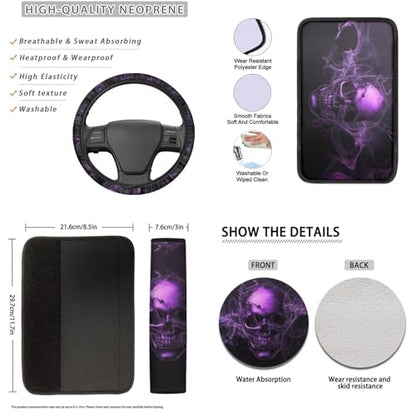 16 Pcs Car Seat Cover Full Sets, Skull Printed Soft Car Front Rear Seat Covers with Steering Wheel Cover Center Console Covers Seatbelt Pads Head Rest Protector Car Coaster, Universal Fits - color: Black and Purple - Skull