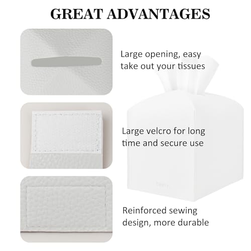 Tissue Box Cover Holder Square Tissue Cube Cover PU Leather Tissue Organizer with Bottom Belt for Bathroom, Tabletop, Car, Night Stands, Office, Home, Kitchen (1, White) - color: White