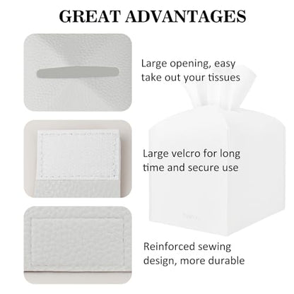 Tissue Box Cover Holder Square Tissue Cube Cover PU Leather Tissue Organizer with Bottom Belt for Bathroom, Tabletop, Car, Night Stands, Office, Home, Kitchen (1, White) - color: White