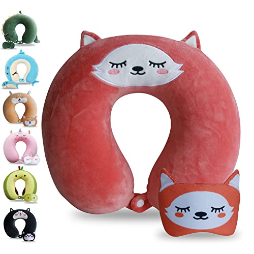 Sexysamba Cartoon Headrest & Neck Pillow for Kids Boys & Girls, Teens, Travel Accessories for Airplane, Car, Recline, Memory Foam Cute Travel Pillow with Sleep Eye Mask - Fox - color: Orange Fox