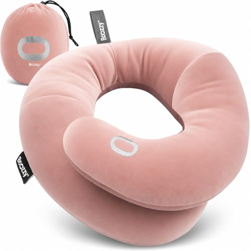 BCOZZY Travel Neck Pillow for Airplane– Patented Double Support for Head, Neck, and Chin. Best for Long Flights, Plane Sleeping, and Car Rides. Adjustable Size. Fully Washable. Carry Bag. Large, Nude - color: Nude, size: Large