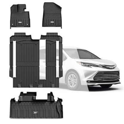 3W Floor Mats & Trunk Mat for Toyota Sienna 2021-2026 LE/XLE(Only for 8 Seat), TPE All Weather Custom Fit Floor Liner for Sienna 1st, 2nd and 3rd Row and Cargo Mat, Black - size: 1. Toyota Sienna 8 Seat|21-26|Full Mats