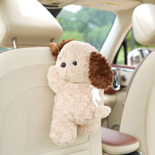 Plush Monkey Tissue Box Holder, Plush Pocket Tissue Cover for Car, Home, Office, Desk, Bathroom, Cute Decorative Soft Organizer (Khaki Lying Dog Hanging) - color: Khaki Lying Dog Hanging