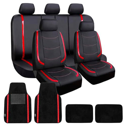 FH Group Galaxy13 Metallic Striped Deluxe Leatherette Car Seat Covers with Matching Carpet Floor Mats – Full Set, Universal Fit, Airbag Compatible for Cars, SUVs & Sedans, Red - color: Red