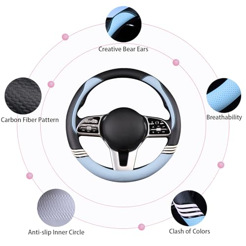 Cute Steering Wheel Cover for Women Men Leather Universal 15 inch,Black and Blue - color: Black with Blue, size: Round-M[14.5''-15'']