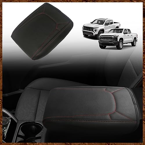 Center Console Armrest Cover Fit for Chevy Colorado/GMC Canyon 2023-2025 2026 Accessories, Comfort Armrest Pad Console Lid Cushion Vegan Leather Regular Thick(Red Trim) - size: 5) 23+ |Colorado & Canyon| Red Stitch, Regular