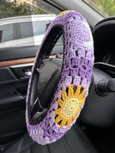 Handmade Crochet Sun Moon Car Steering Wheel Covers Universal 14-15 inch,Cute Steering Wheel Cover,Car Accessories (B:Wheel Cover+2 Belt Cover) - color: B:Wheel Cover+2 Belt Cover