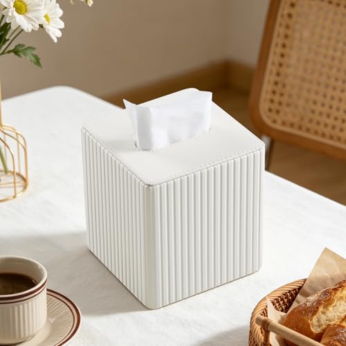 PU Leather Tissue Box Cover Square Tissue Box Holder with Magnetic Closure (Ivory Fluted) - color: Ivory Fluted