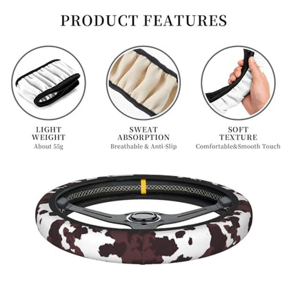Brown Cow Print Neoprene Steering Wheel Cover for Men Women Anti-Slip Elastic Steering Wheel Protective Cover 15in Universal Car Accessories Fit Cars, SUVs, Auto - color: Brown Cow Print