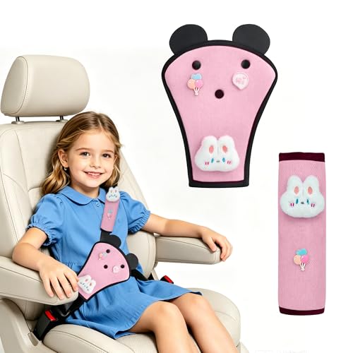 Cute Bunny Seat Belt Cover Pads for Kids – Soft Mesh Seatbelt Cushion, Shoulder & Belly Protector, 2-Piece Set - color: Bunny(pink)
