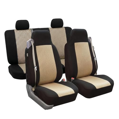 FH Group Universal Car Seat Covers Full Set for SUV Truck Sedan Vans Zipper Designed Built-in Seatbelt - Washable Cloth Seat Cover Set High Back Front & Solid Bench Protector Interior Upgrade - Beige - color: Beige - High Back (3D Air Mesh), size: Full Se