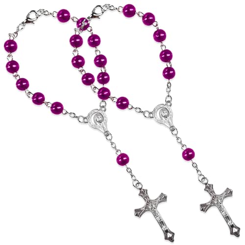2PCS Car Rosary for Rearview Mirror, Catholic Rosary Pendant Personalized Rear View Mirror Charms, Medal & Cross Auto Hanging Ornament Decorative Accessories for Women Men (Purple) - color: Purple