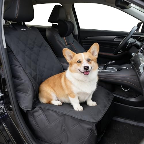 Front Seat Dog Cover for Car SUV Truck, Waterproof 600D Oxford Cloth Pet Seat Protector with Side Flaps, Durable Dog Seat Cover Front Passenger for Bucket Seat/Captain Chair, Full Protection (Black)