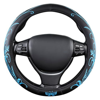 Car Leather Steering Wheel Cover - Panapi Material, Universal 14.5-15 Inch Leather Anti-Slip Breathable Auto Steering Wheel Covers for Men Women (Embroidery-Blue) - color: Embroidery-Blue