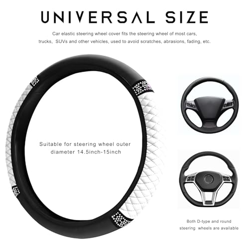 Bling Car Steering Wheel Cover, 15 Inch Sparkly Rhinestone Soft Leather Steering Wheel Protector, Non-Slip Universal Auto Elastic Steering Wheel Covers for Women Girls (White) - color: White