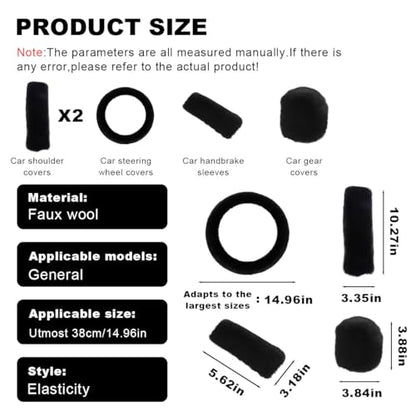 5PCS Fluffy Car Steering Wheel Cover Set, Includes Faux Fur Gear Shift Cover & Handbrake Cover & Steering Wheel Protector & 2 Seat Belt Shoulder Pads, Winter Fuzzy Warm Car Accessories (Black) - color: Black