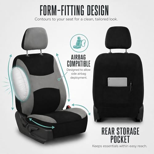 FH Group Universal Fit Gray Black Automotive Seat Covers Combo Set with Steering Wheel Cover and Seat Belt Pad fits Most Cars, SUVs, and Trucks (Airbag Compatible and Split Bench) - color: Gray/Black