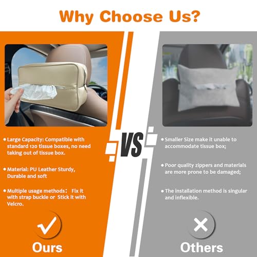 Witaxima Large Car Tissue Holder for 120 Standard Tissues, Premium PU Leather Tissue Holder in Car Backseat Rectangular, Napkin Holder for Car Fits for Kleenex Tissues Box Daily Use Black (2, Beige)