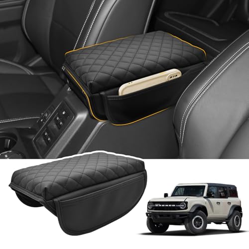 Center Console Cover for Ford Bronco 2021-2026 2/4-Door Armrest Cover Bronco Accessories Middle Console Cover Pu Leather Black (Extra Side Storage) |Pet-Claw Defense| (Not Fit For Bronco Sport) - size: Fit for Ford Bronco 2021-2026 with pockets