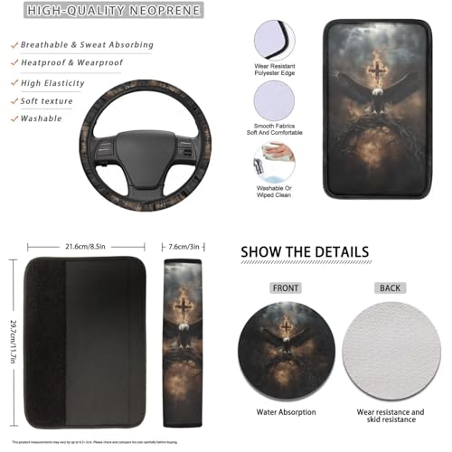 16 Pieces Car Seat Covers Full Sets, Eagle Cross Print Front Rear Seat Cover for Cars, Steering Wheel Cover Seat Belt Pads Arm Rest Covers Coaster Keychain, Universal Fit Auto Accessories - color: Black and Yellow - Eagle Cross