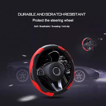 Ultra Fine Carbon Fiber Leather Steering Wheel Cover, Anti Slip and Sun Protective Protect The Steering Wheel, Easy to Install,Universal of 14.5"-15" (Red) - color: Red