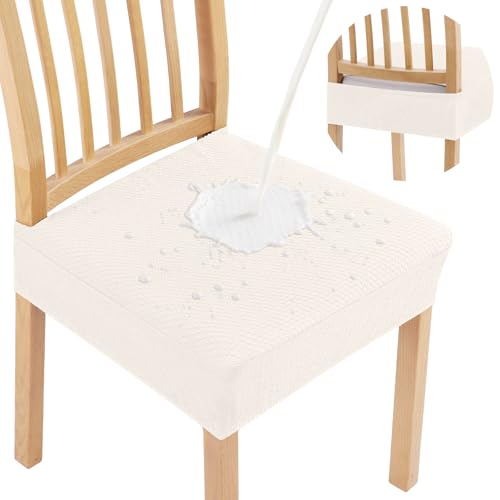 Smiry Waterproof Seat Covers for Dining Room Chairs Set of 2, Stretch Jacquard Removable Washable Chair Seat Slipcovers Protector, No Rear Covers, Ivory - color: Ivory, size: Set of 2