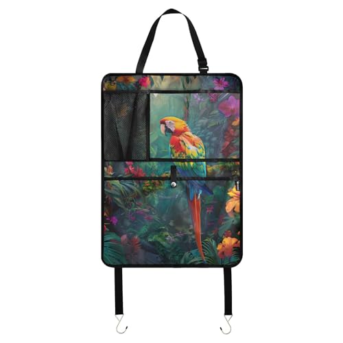 JIPONI Car Backseat Organizer, Parrot Macaw Tropical Automotive Back Seat Protector, Kick Mats with Storage Pockets for Kids Pets, Road Trip Accessories - color: Parrot Macaw, size: 1 Pack
