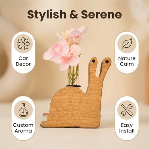 Little Glass Flower Vase Air Vent Clip, Wooden Stand Car Aroma Diffuser, Car Air Vent Decor Plant Holder, Auto Interior Decorations (Beech Snail)