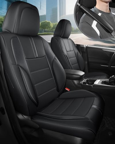 FREESOO Universal Full Seat Covers, Waterproof Faux Leather Automotive Seat Covers with Carbon Fiber Texture Seat Belt Pads, Anti-Slip Airbag Compatible Car Seat Covers for Cars SUVs Trucks - color: Black, size: Full Set - 5 Seats