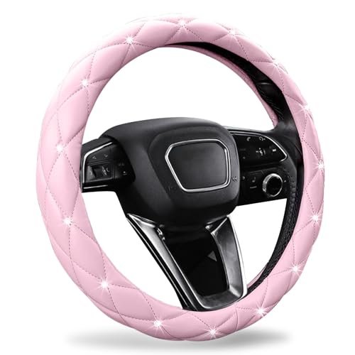 SuperKaKa Pink Steering Wheel Cover 2026, Auto Cute Diamond Bling Comfort Leather Girly Car Interior Accessories Protector Sparkly Automotive Decoration for Women Girl Coquette - color: pink
