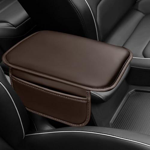 Car Center Console Cover, Comfortable Leather Auto Arm Rest Pad with 2 Storage Bags, Universal Waterproof Armrest Cushion Mat Middle Console Cover for Most Vehicles (Brown)